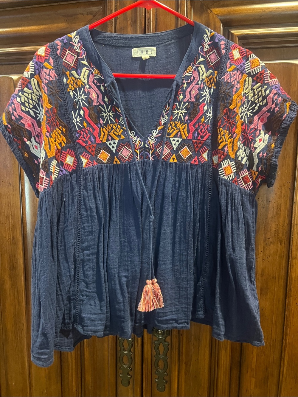 THML Navy Embroidered Short-Sleeve Peasant Tunic with Tassels